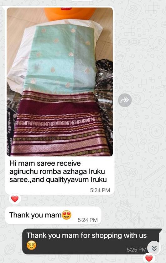 WhatsApp message in Tamil with a photo of a mint and maroon saree: very beautiful and good quality