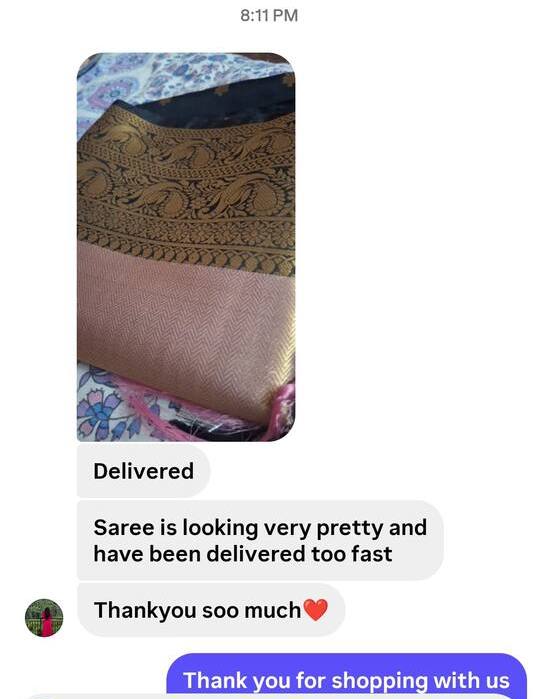 Instagram message with a photo of a copper and black saree: looking very pretty and delivered too fast