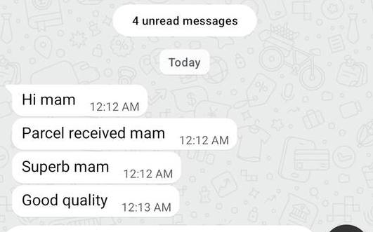 WhatsApp message: parcel received, superb, good quality