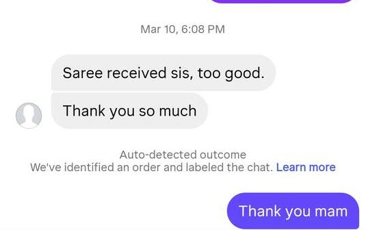 Instagram message: saree received, too good, thank you so much