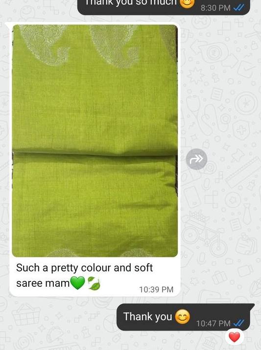 WhatsApp message with a photo of a green saree: such a pretty colour and soft saree
