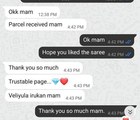 WhatsApp message: parcel received, thank you so much, trustable page