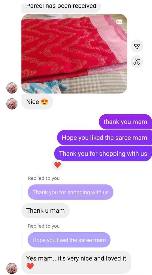 Instagram message with a photo of a red saree: it is very nice and loved it