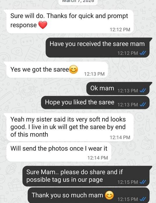WhatsApp message: sister said it is very soft and looks good, thanks for the quick response