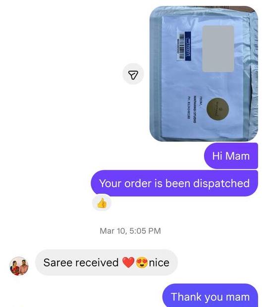 Instagram message: saree received, nice, with hearts