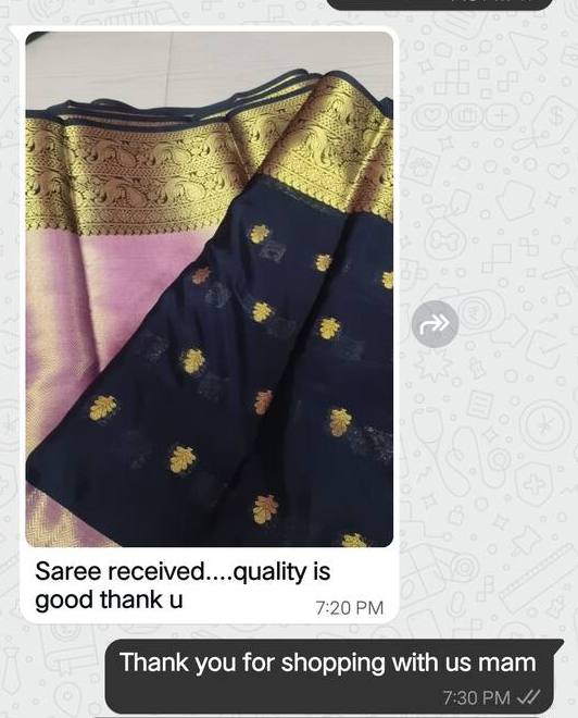 WhatsApp message with a photo of a black and gold saree: saree received, quality is good