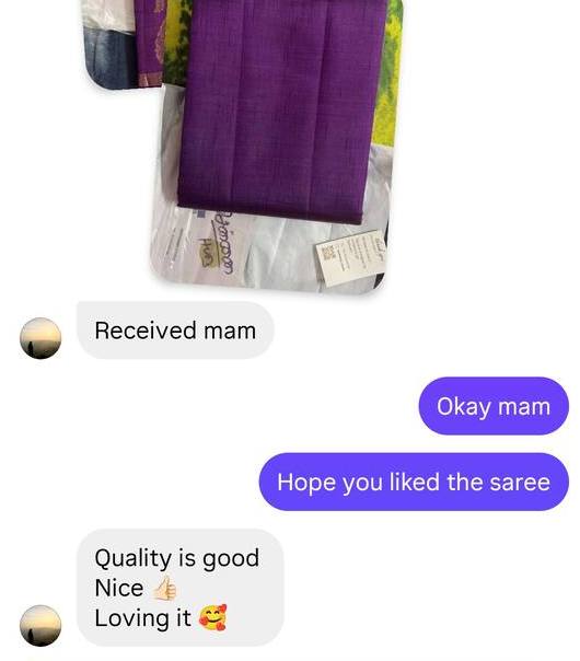 Instagram message with photos of a purple saree: quality is good, nice, loving it