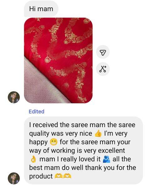 Instagram message with a photo of a red and gold saree: quality very nice, very happy, really loved it